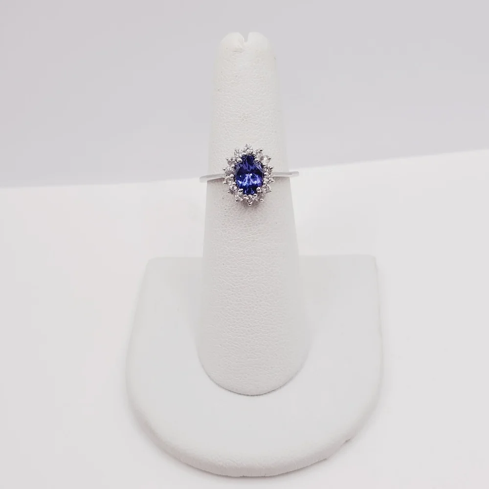 10k Solid White Gold Oval Tanzanite & Round White Topaz Halo Ring